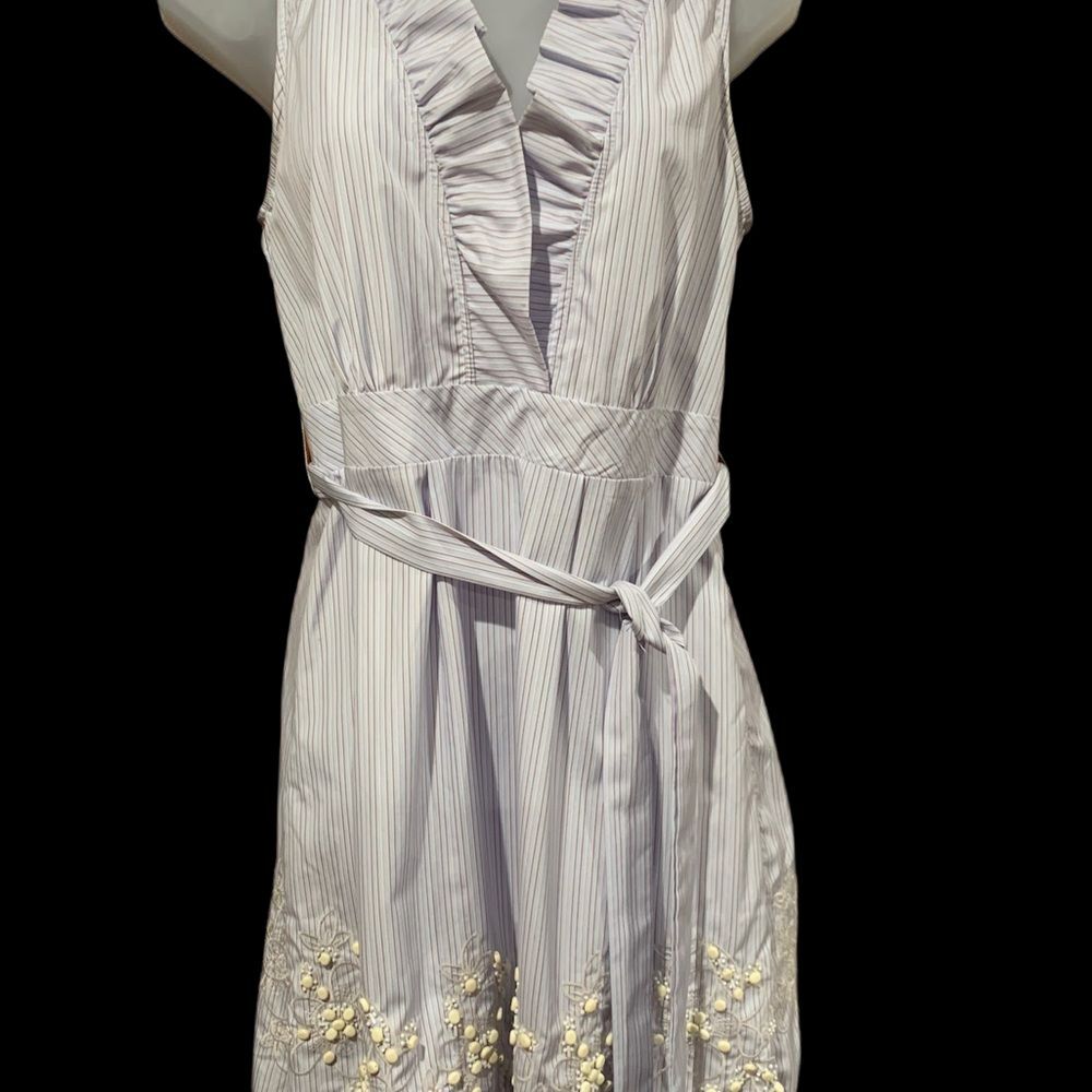 Vintage Theme Dress Medium Sleeveless Belted Crème Beading Light Blue Stripes